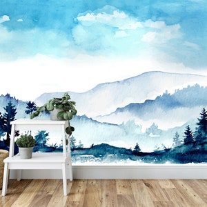 Watercolor Mountains wallpaper removable winter landscapeecal wall Mural Peel & Stick C-34