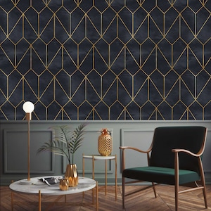 geometrisches Muster Tapete, skandinavische Tapete, Peel and Stick Selbstklebende Art Deco, Schwarz und Non-Metalic Gelb Gold Farbe