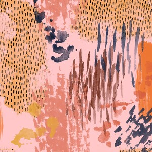 May include: Abstract art print with a pink background and various brushstrokes in shades of brown, orange, and blue. The print features a pattern of small dots in yellow and black.