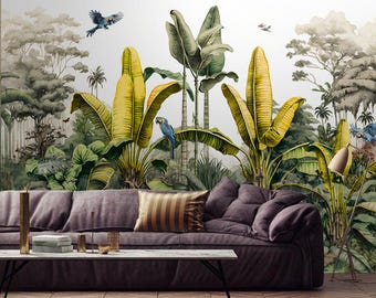 May include: A tropical-themed mural featuring lush green foliage, yellow banana leaves, and blue parrots. A dark purple sofa with a striped pillow and a white coffee table are in front of the mural.