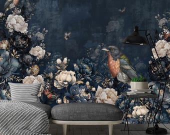 Peony & Bird Removable Wallpaper: Dark Blue Floral Wall Mural