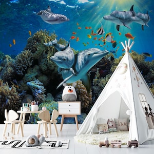 Dolphin Coral Reef Wallpaper Mural - Nursery Kids Room Decor