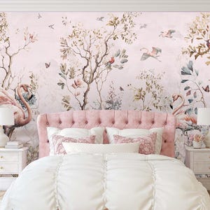 pink Chinoiserie vintage removable wallpaper Peel and Stick,Self-Adhesive flamingo birds with trees plants Wall Mural landscape wallpaper