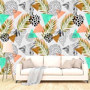 Abstrakte Palmblatt abnehmbare Tapete, Peel and Stick, selbstklebende Dreiecke mit Palmblatt Wand wandbild, Pastell Farben Kinderzimmer Tapete