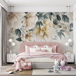 Watercolor Floral Wallpaper Mural: Peel and Stick Peonies, Leaves - Nursery Decor