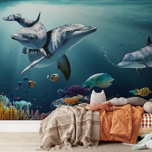 Underwater Dolphins Wallpaper Mural: Peel and Stick Nursery Kids Room