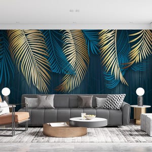 Tropisches Palmenblatt Wandbild, marineblau, Tapete zum Abziehen und Aufkleben, moderne Luxustapete, Tapete für Wohnzimmer, Schlafzimmer
