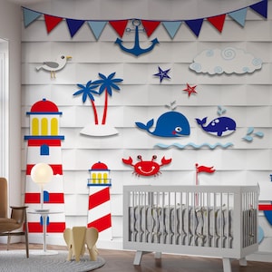 sea dolphin lighthouse ships Wallpaper: Peel and Stick Nursery Wall Mural
