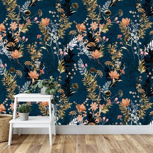 Tropical Floral Removable Wallpaper, Peel and Stick, Self-Adhesive Fall colorful floral Wall Mural, orange pine cone nuts flowers and leaves