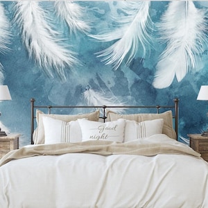 3D white feathers on a blue background removable wallpaper Peel and Stick Self-Adhesive feathers Wall Mural nursery kids room wallpaper
