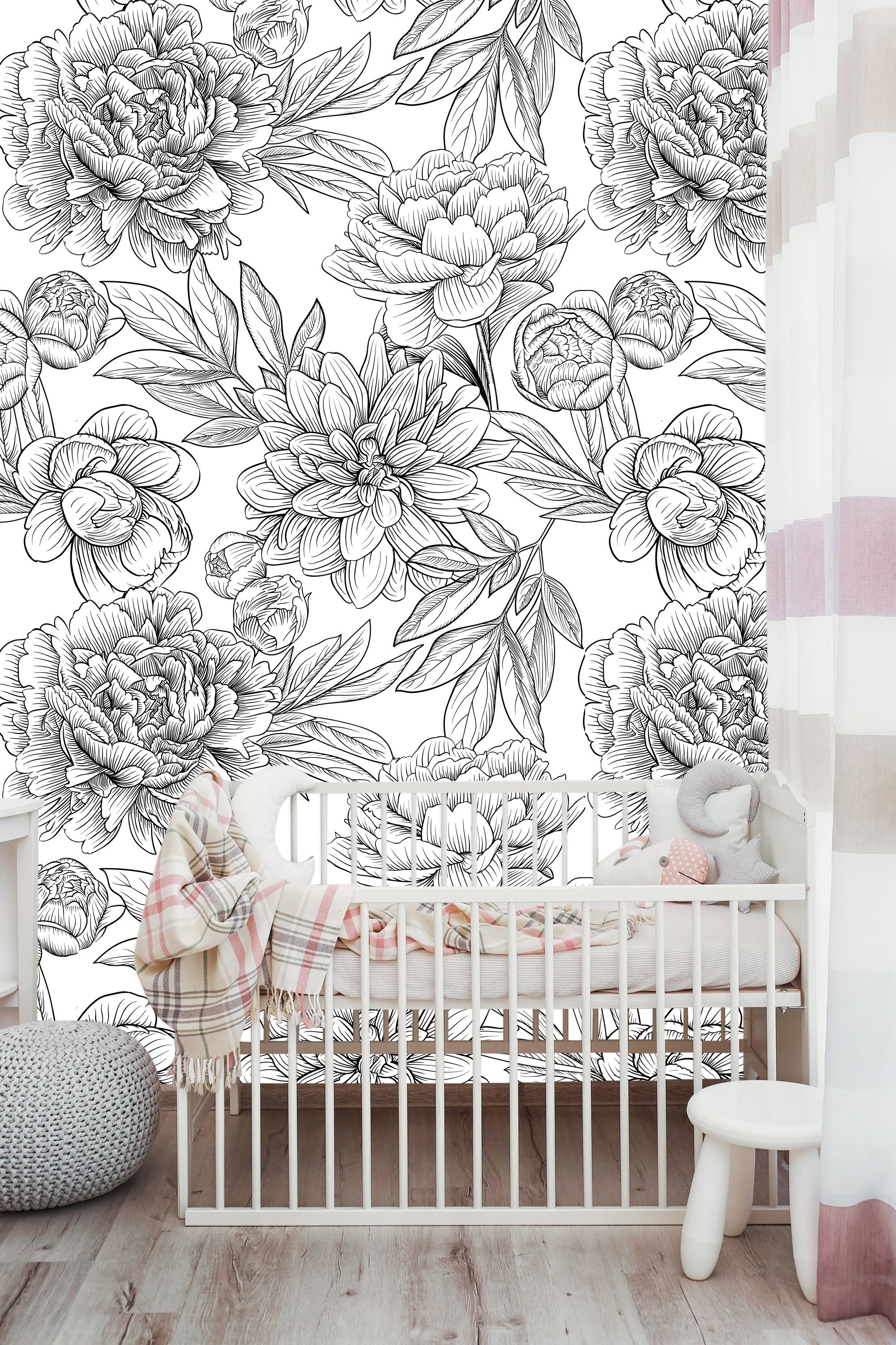 Black & White Peony Removable Wallpaper Peel and Stick Etsy