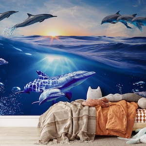 Dolphin Sunrise Wallpaper Mural: Peel and Stick Nursery Decor