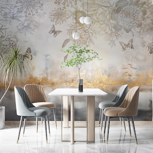 Papier peint floral abstrait : Papier peint adhésif oiseau et papillon