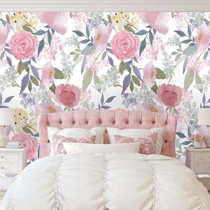 Watercolor Floral Peel and Stick Wallpaper: Rose Peonies Botanical Wall Mural