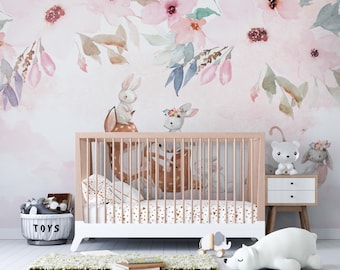 Papel pintado de animales en acuarela: cervatillos y conejos, decoración infantil autoadhesiva