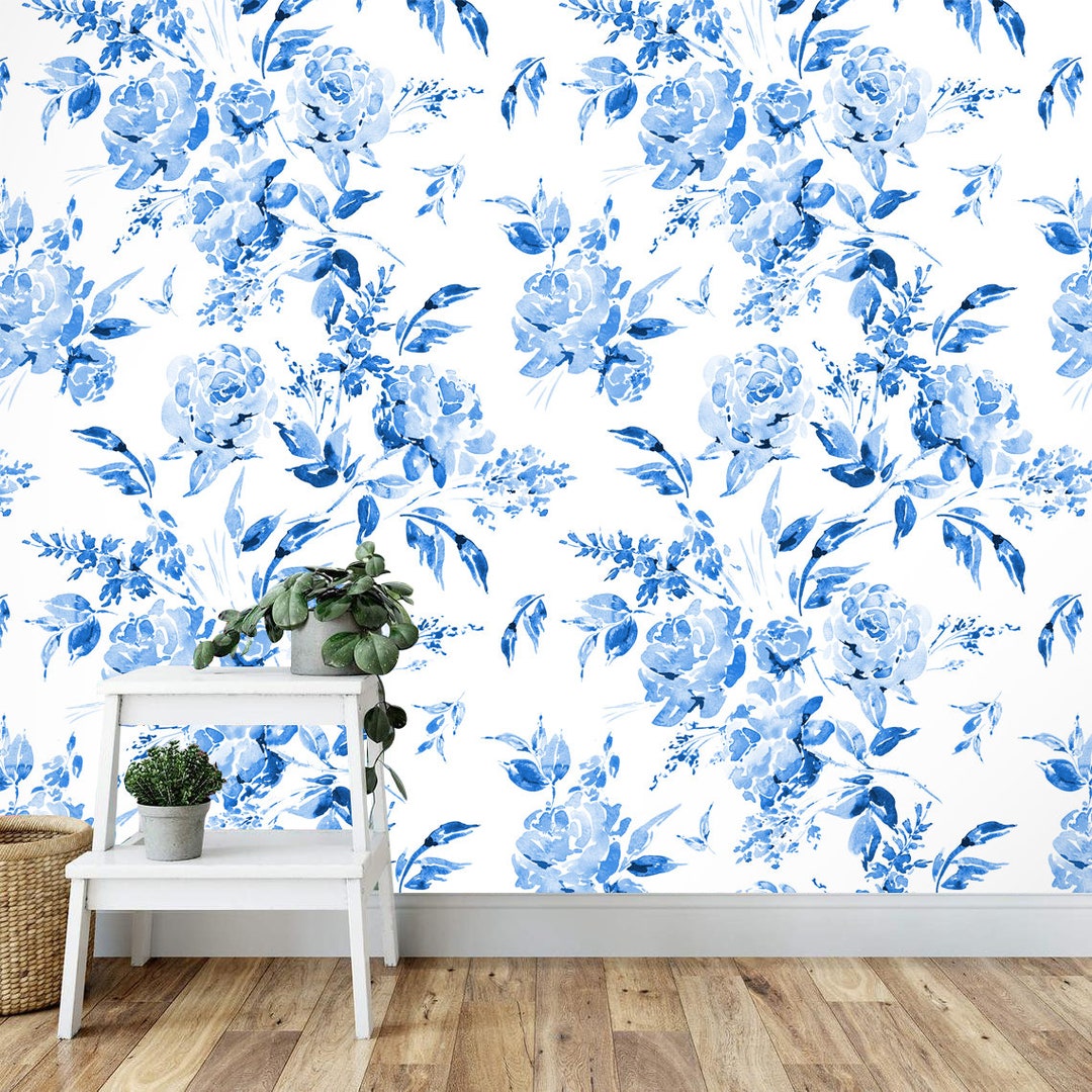 Blue watercolor floral Removable Wallpaper, Peel and Stick, Self-Adhesive Blue Flowers Wall Mural, Pastel colors Nursery Wallpaper