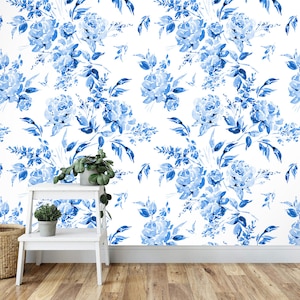 Blue Floral Peel and Stick Wallpaper: Pastel Nursery Wall Mural