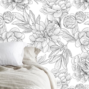 Black and White Peony Removable Wallpaper: Peel and Stick Floral Wall Mural