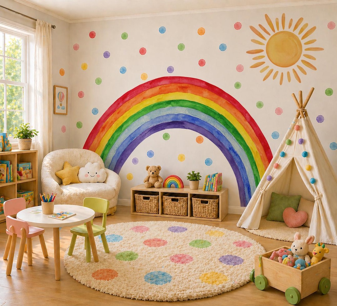 Watercolor Rainbow Wall Decals: Polka Dot Nursery Decor Peel & Stick ...