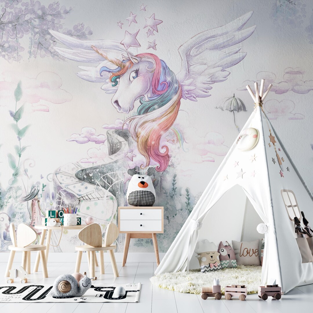Rainbow Pegasus Wallpaper Mural: Peel and Stick Nursery Wall Decor - Etsy