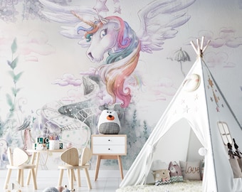 Mural de papel pintado de pegaso arcoíris: decoración de pared para habitación infantil despegable y adhesiva