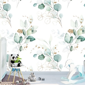 green & gold leaves branches Removable Wallpaper, Peel and Stick, Self-Adhesive watercolor floral Wall Mural, Nursery C-06