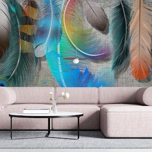 3D Colorful Feathers removable wallpaper Peel and Stick Self-Adhesive watercolor Feathers Wall Mural Feathers Living room, bedroom Mural