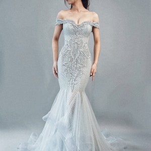 Color mermaid bridal dress with off shoulder/ Sparkly fishtail gown in bling glitter fabric, beading corset bodice/ Summer wedding ceremony