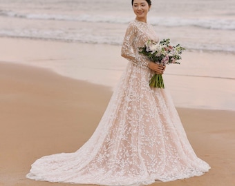 Blush Wedding Dress with Belt with Lace