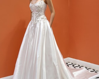 Renaissance Style Basque Waist Wedding Dress - Silk A-Line Bridal Gown with Scoop Neck, Beading, and Structured Corset Bodice | HANNAH