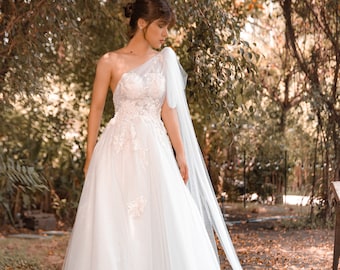 layered tulle one-shoulder a-line wedding dress One shoulder wedding dress with side cape 8 US / Lavender