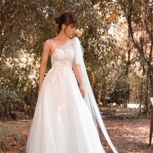 One-shoulder Flowy A-line Wedding Dress with Draping Bodice, Beaded Embroidery, Shoulder Tulle Bow / Romantic Bridal Style - (ANONA)