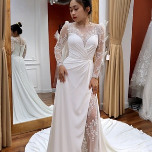 Modest Wedding Dress from Crepe Silk and Sparkle Appliqué with Long Sleeve, Illusion Slit, Button Closed Back for Church Wedding - (ALICIA)