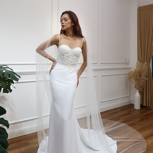 Crepe silk fit & flare wedding dress/ Beading corset with sweetheart neckline/ Detachable off shoulder sleeves, straps with shoulder cape