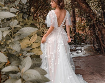 Floral A-line wedding dress with flutter sleeves, V-neck and open V-back for outdoor  summer or autumn wedding or elopement (SOPHIA)