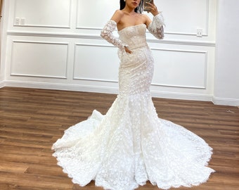 3D Flower Mermaid Wedding Dress with Straight Neckline Corset, Detachable Long Sleeve, Low Back | YANA
