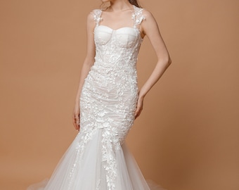Sparkling Mermaid Wedding Dress with Corset Bodice and Straps/ Berta Inspired Bridal Dress with Backles - (CLIO)s, Flower Lace - (CLIO)