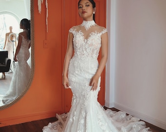CARMIYA - Modest highneck mermaid wedding dress with detachable skirt/ Royal bridal style for grande entrance wedding