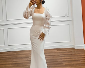 DELILAH - Fit and flare Crepe wedding dress with statement sleeves/ Simple reception bridal gown with square scoop neck