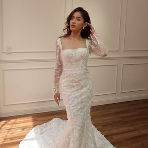 3D Flower Wedding Dress Fit & Flare Silhouette with Long Sleeve, Square Neck Corset, Low Back | YANA-2