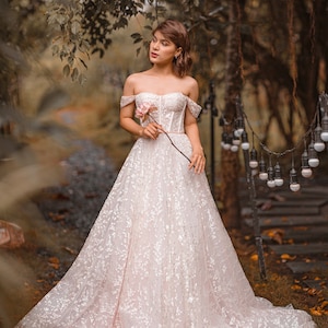 Blush Pink Corset Wedding Dress with Detachable Off The Shoulder Sleeves / Fairycore Bridal Gown for Summer Wedding - [MANDY]