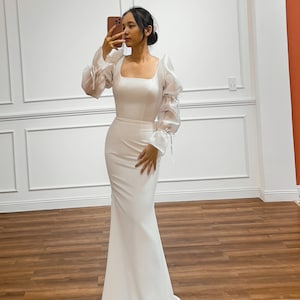 DELILAH - Fit and flare Crepe wedding dress with statement sleeves/ Simple reception bridal gown with square scoop neck