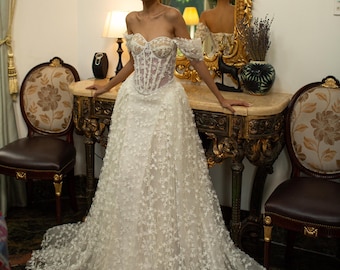 Basque Waist Wedding Dress with Corset Lace-up Back, A-line Allover Lace Bridal Gown with Dropped Waistline, Off-the-shoulder Sleeve - FIONA