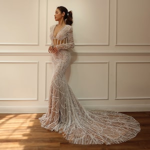 ESTHER - Sparkly mermaid wedding dress with sleeve for glamourous brides