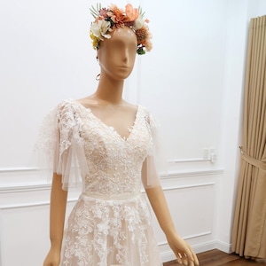Wedding dress with flutter sleeves for rustic wedding style/ Boho lace bridal gown with flower A line skirt, V neck, V back, dramatic train