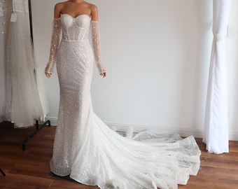 Sparkle Pearl Beading Wedding Dress with Detachable Sleeves/ Exposed Boning Corset Mermaid Bridal Gown for Modern Bride - [ORA]