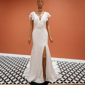 Destination mermaid wedding gown with slit skirt/ backless bridal dress for rustic bohemian wedding/ Ruffle V neck reception gown - (ALIZA)