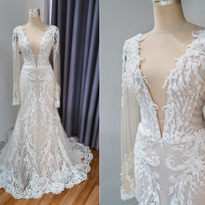 Wedding Dress Mermaid with Intricate Lace, Long Sleeves, Deep V-neck, Open Back/ Dramatic Train Sparkle Bridal Gown - [COLLINS]