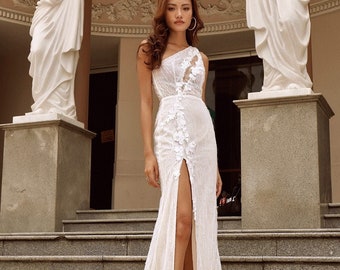 Cut-out One-shoulder Wedding Dress with Slit Skirt, Sparkle 3D Lace For Reception Wedding  - (ROSY)
