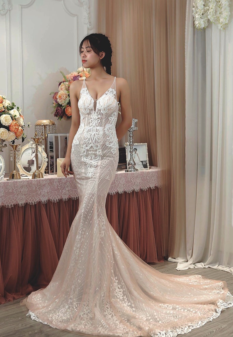 spaghetti strap lace mermaid wedding dress